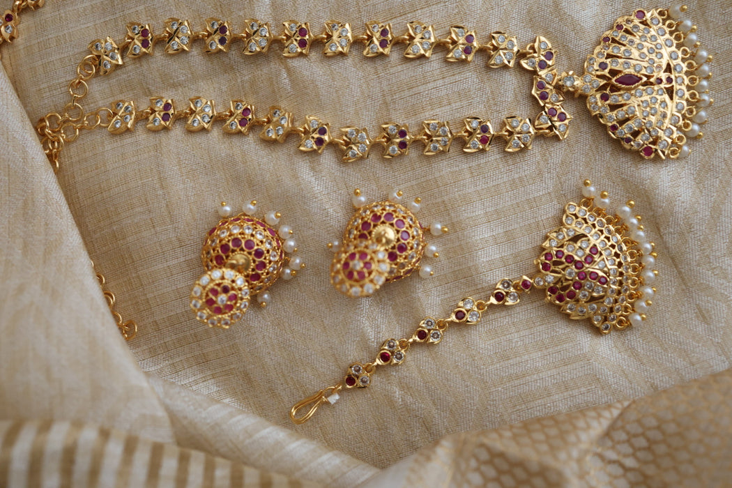 Heritage gold plated ruby white stone padakam necklace set with earrings HP3045