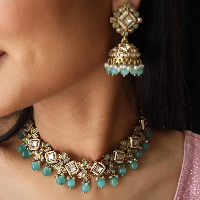 Trendy mint bead choker necklace with earrings and tikka TM21