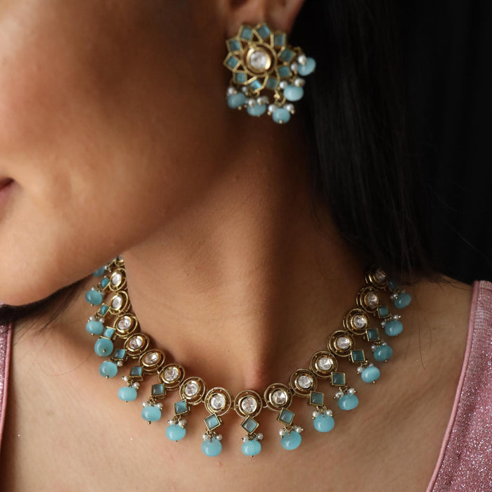 Trendy blue bead choker necklace with earrings and tikka TM132