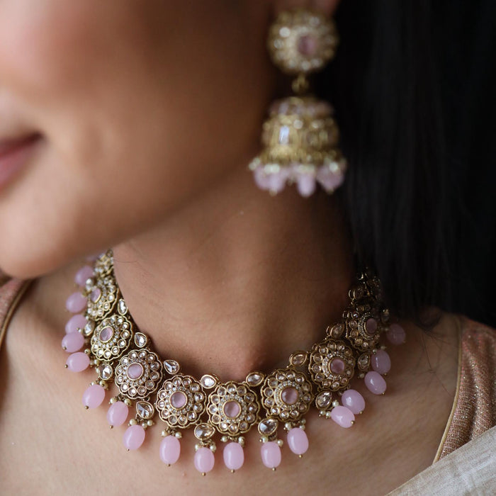 Trendy pink bead choker necklace with earrings and tikka TP146