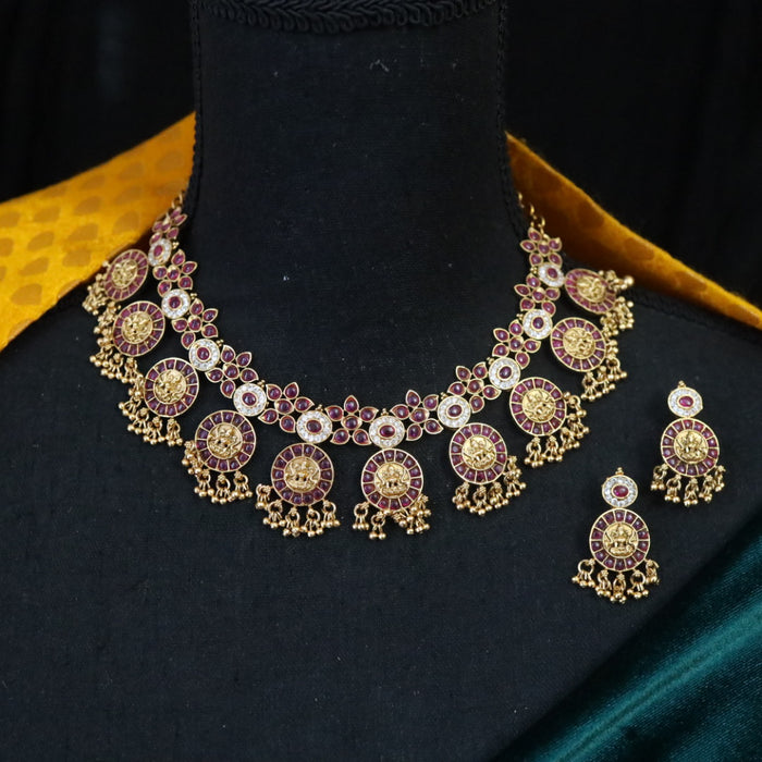 Antique coin ruby short necklace with earrings SS11017
