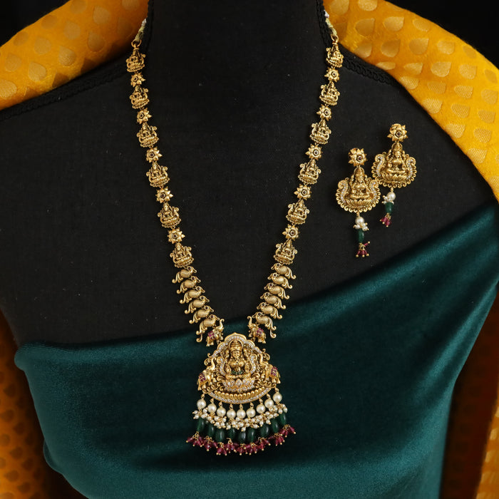 Antique temple design green bead short necklace and earrings S1B129