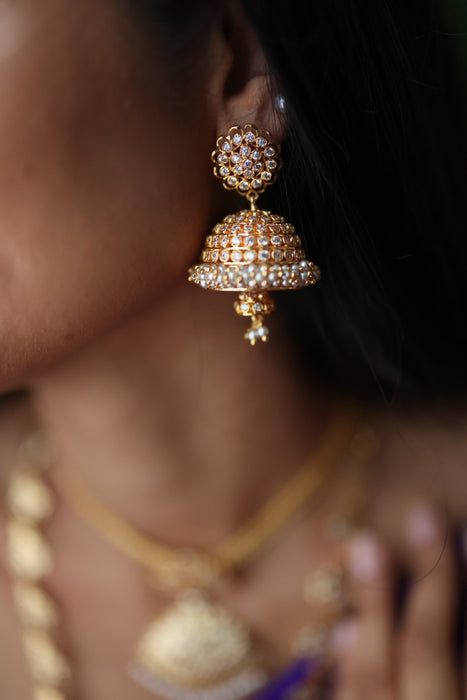 Heritage gold white stone and pearl  jumka earrings HJ7539