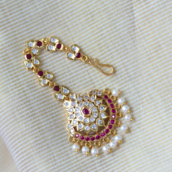 Heritage gold plated white and ruby stone tikka TH257