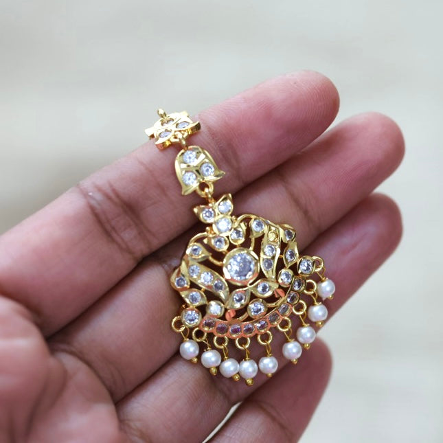 Antique gold white stone and pearl tikka TA859