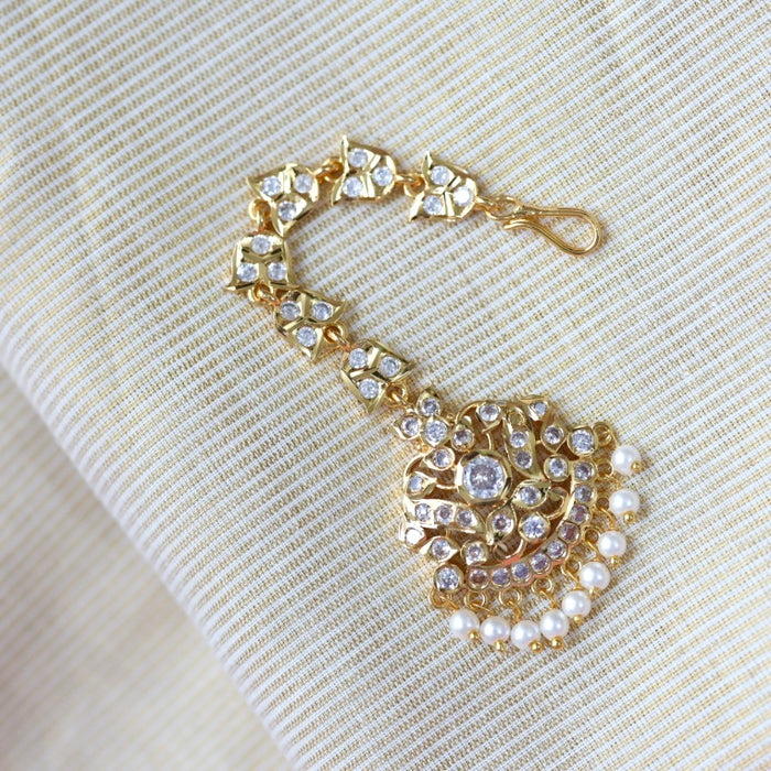Antique gold white stone and pearl tikka TA859