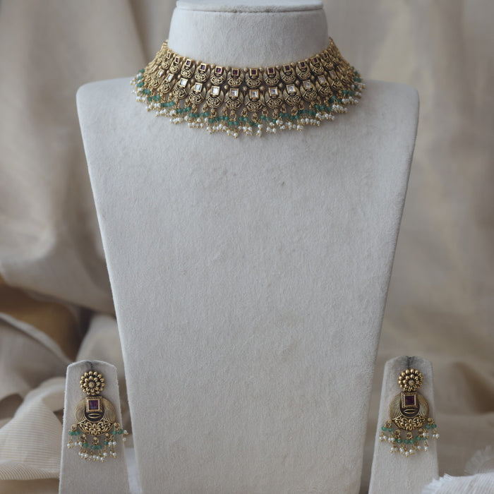Antique gold and pearl choker necklace with earrings CCB2734