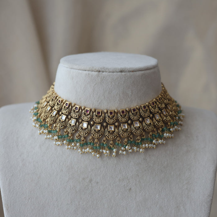 Antique gold and pearl choker necklace with earrings CCB2734