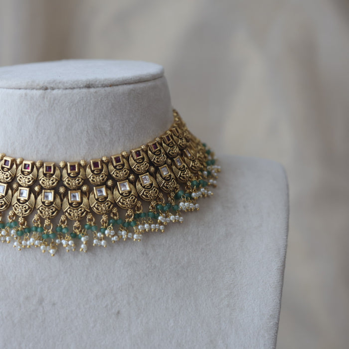 Antique gold and pearl choker necklace with earrings CCB2734