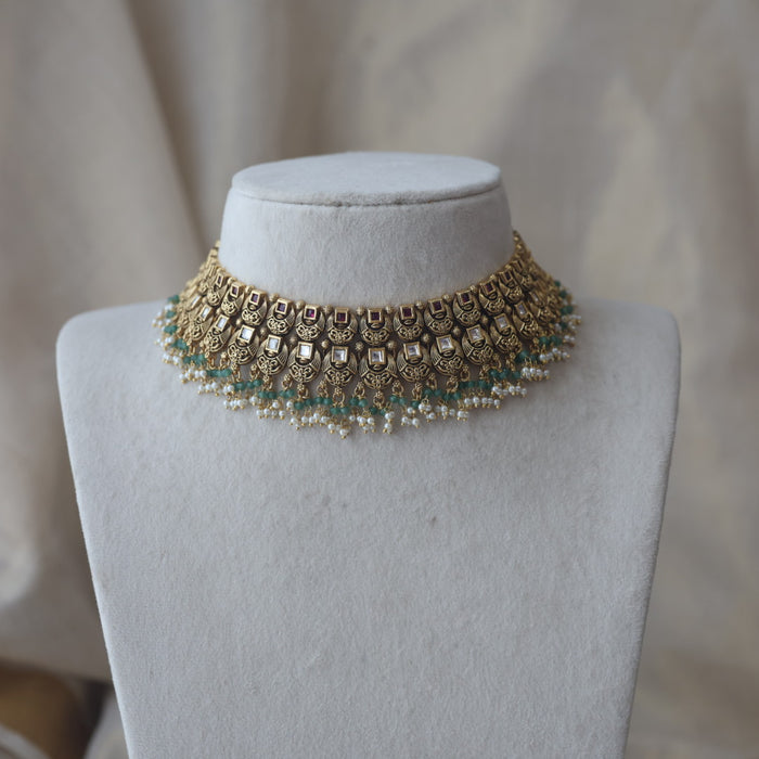Antique gold and pearl choker necklace with earrings CCB2734