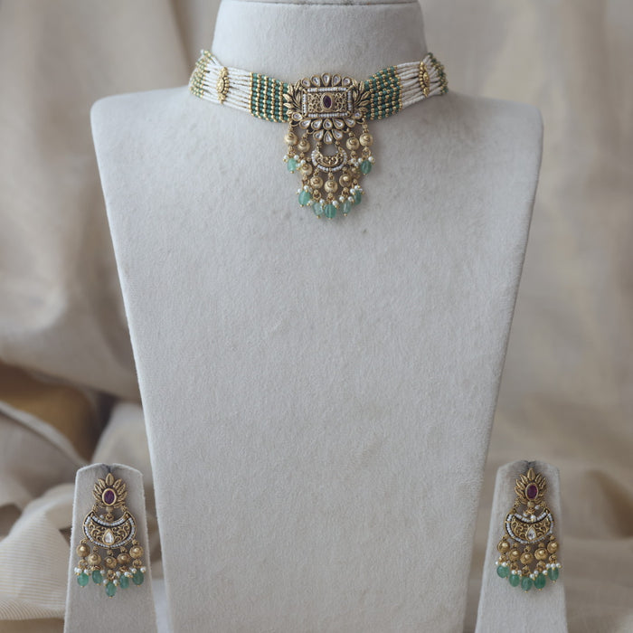 Antique gold and green pearl choker necklace with earrings AG1434