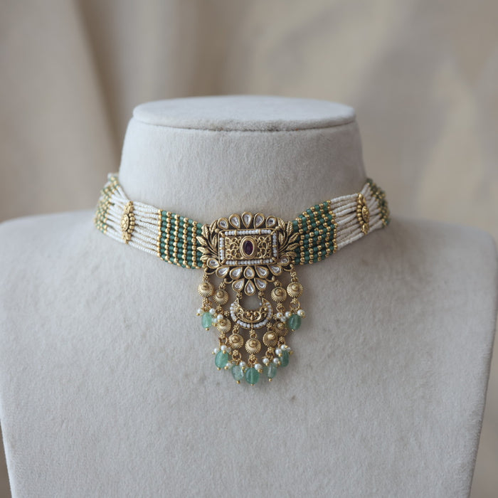 Antique gold and green pearl choker necklace with earrings AG1434