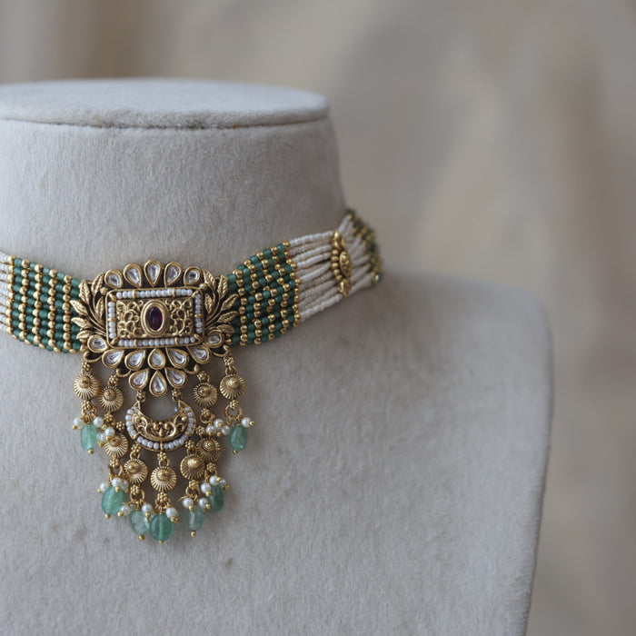 Antique gold and green pearl choker necklace with earrings AG1434