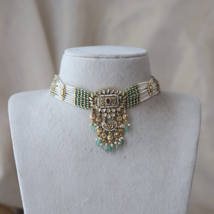 Antique gold and green pearl choker necklace with earrings AG1434