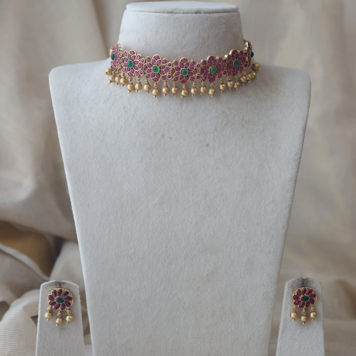 Antique gold ruby stone choker necklace with earrings RUB1123