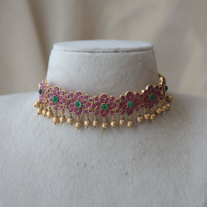 Antique gold ruby stone choker necklace with earrings RUB1123