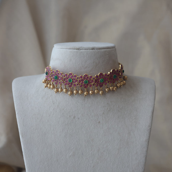 Antique gold ruby stone choker necklace with earrings RUB1123