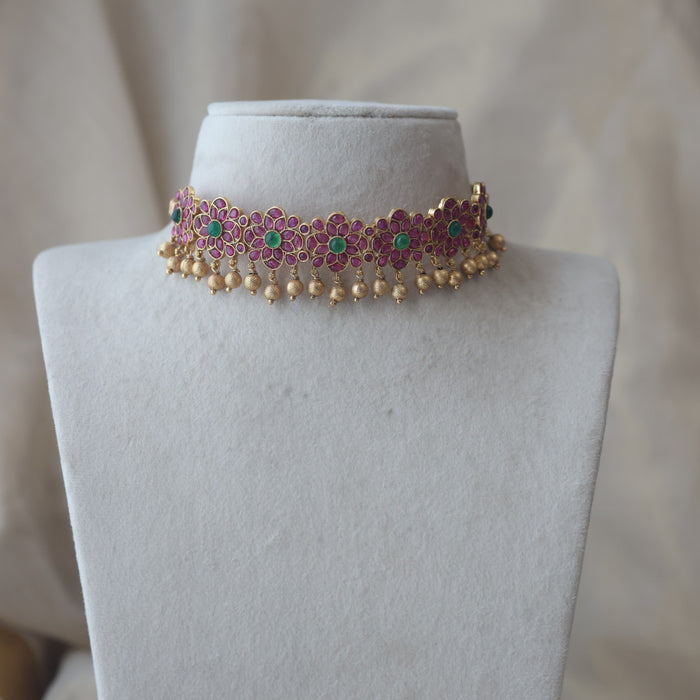 Antique gold ruby stone choker necklace with earrings RUB1123