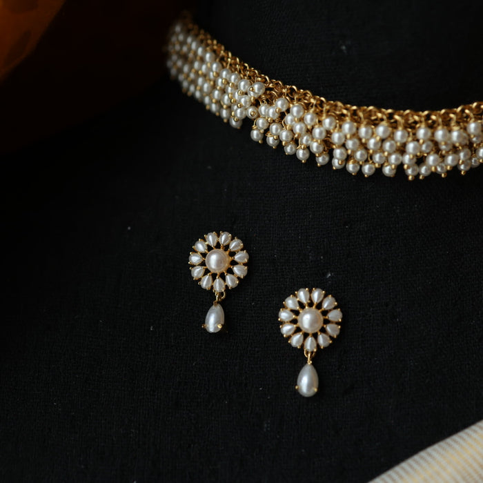 Antique pearl choker necklace with earrings CCB1223