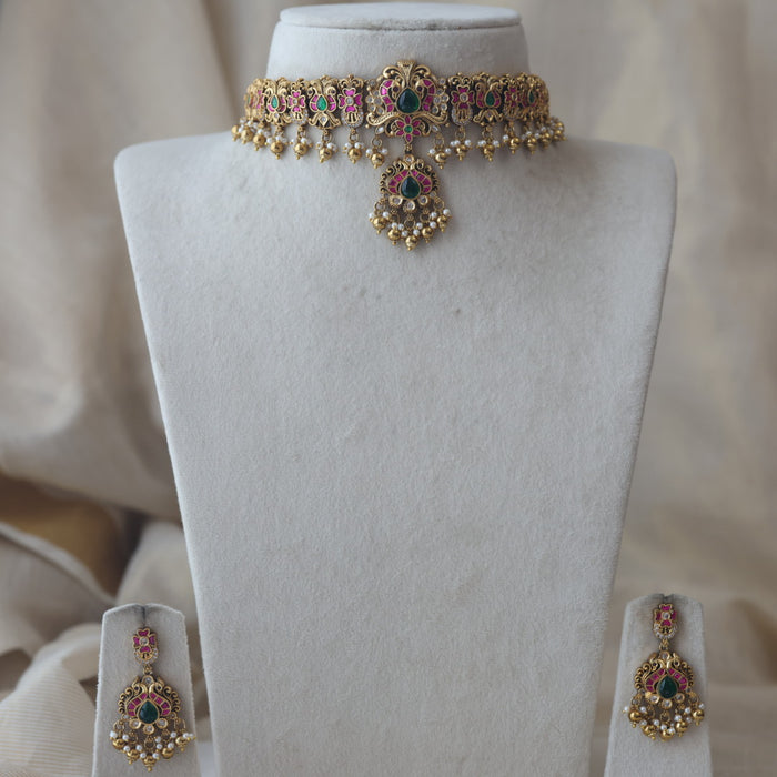 Antique gold and pearl choker necklace with earrings CCB21345