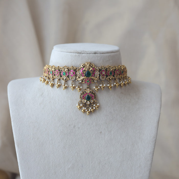 Antique gold and pearl choker necklace with earrings CCB21345