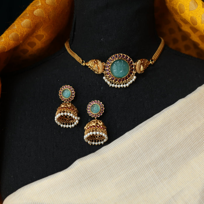 Antique blue stone stone choker necklace and earrings CCB1002