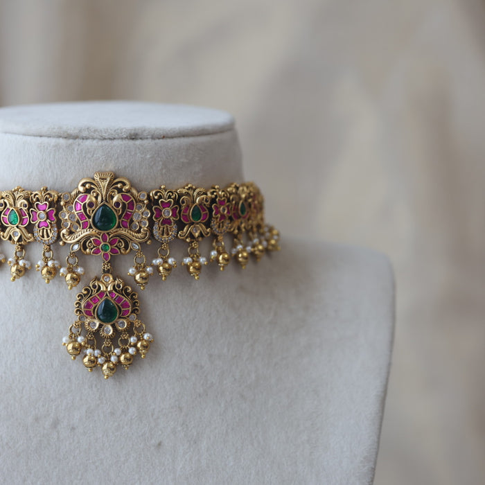 Antique gold and pearl choker necklace with earrings CCB21345