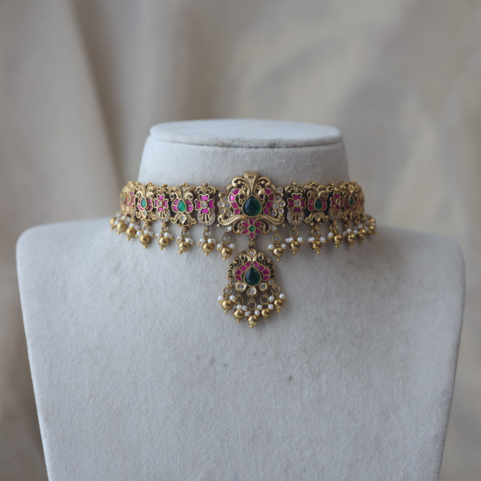 Antique gold and pearl choker necklace with earrings CCB21345