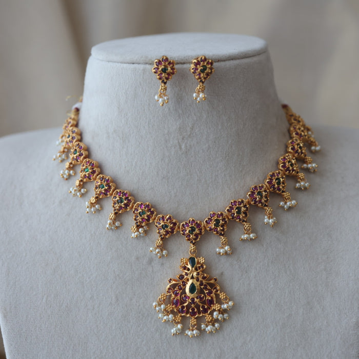 Antique ruby stone short necklace with earrings RUB7832