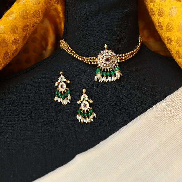 Antique green bead necklace and earrings  CCB157889