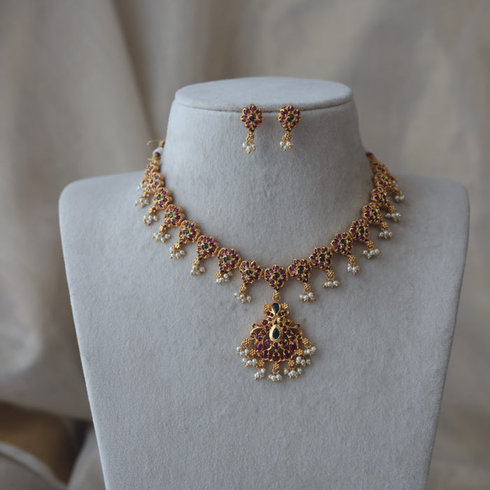 Antique ruby stone short necklace with earrings RUB7832