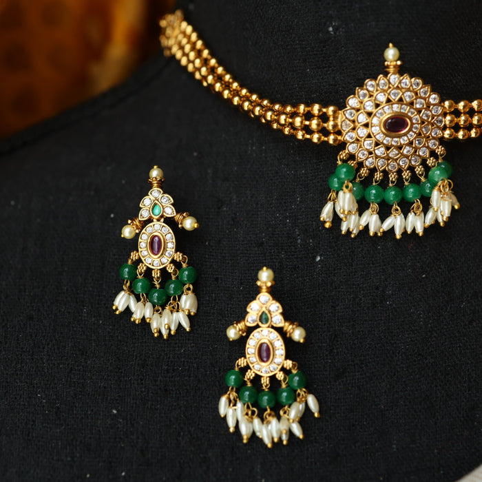 Antique green bead necklace and earrings  CCB157889