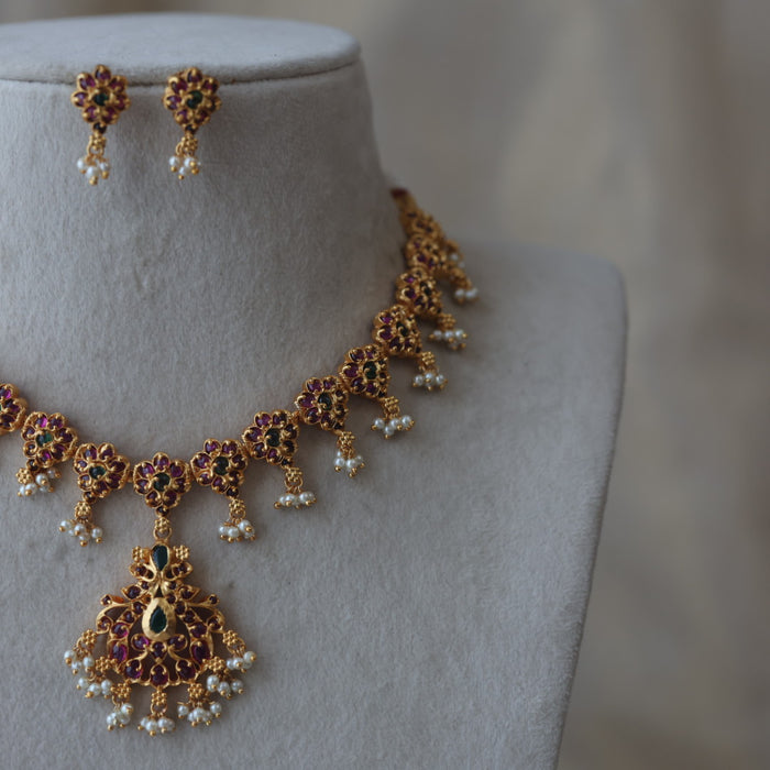 Antique ruby stone short necklace with earrings RUB7832