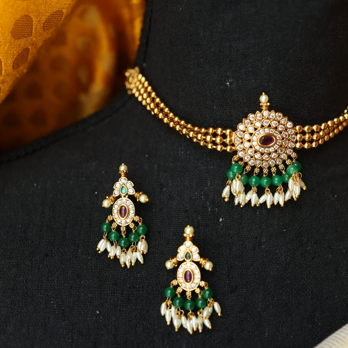 Antique green bead necklace and earrings  CCB157889