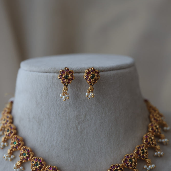 Antique ruby stone short necklace with earrings RUB7832