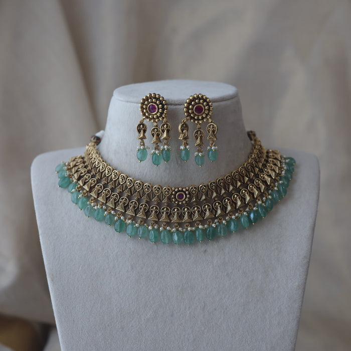 Antique gold green bead short necklace with earrings CCB26733