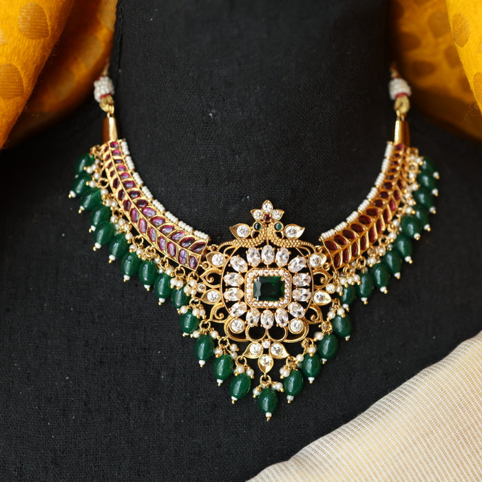 Antique green bead short necklace and earrings SS116789