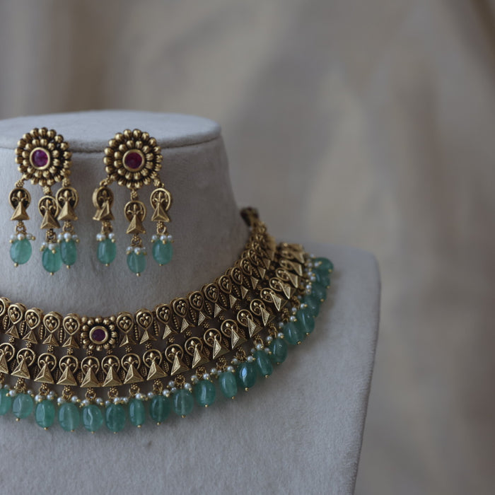 Antique gold green bead short necklace with earrings CCB26733