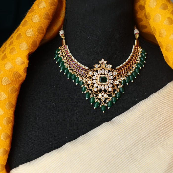 Antique green bead short necklace and earrings SS116789