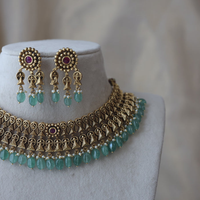 Antique gold green bead short necklace with earrings CCB26733