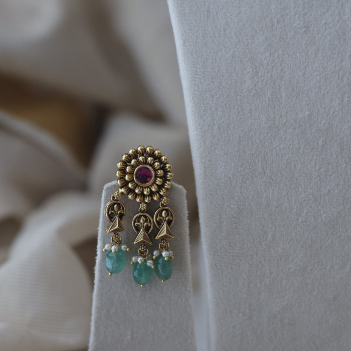 Antique gold green bead short necklace with earrings CCB26733