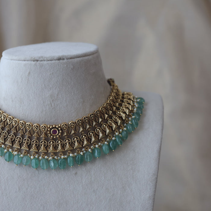 Antique gold green bead short necklace with earrings CCB26733