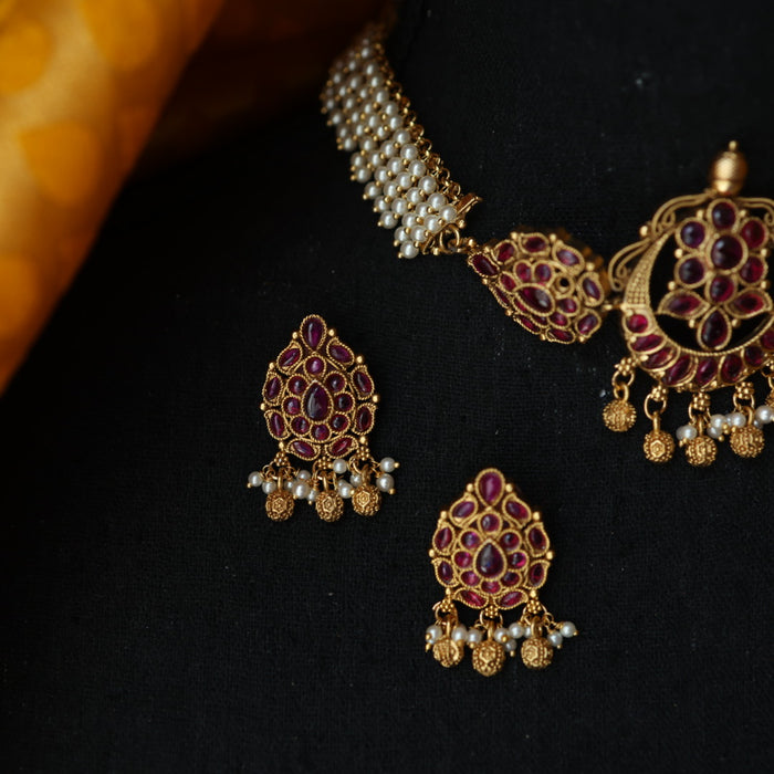 Antique ruby pearl choker necklace and earrings CCB1680