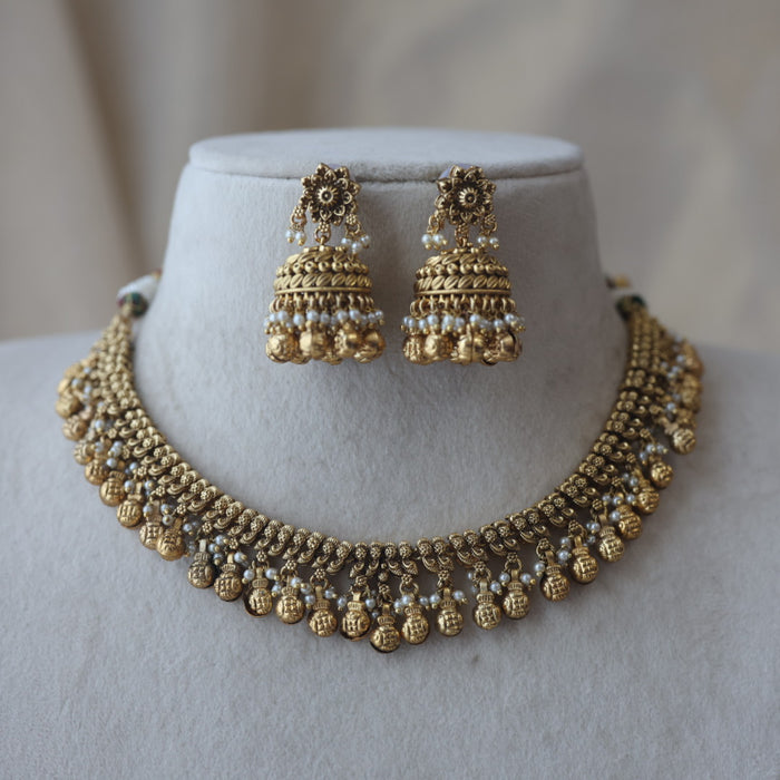 Antique gold simple short necklace with earrings G117822