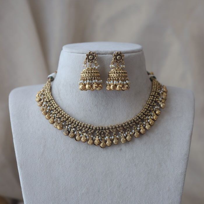 Antique gold simple short necklace with earrings G117822