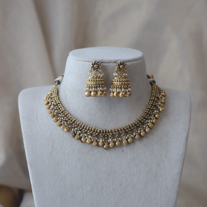 Antique gold simple short necklace with earrings G117822