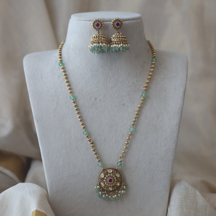 Antique gold and green pearl long necklace with earrings LL02411