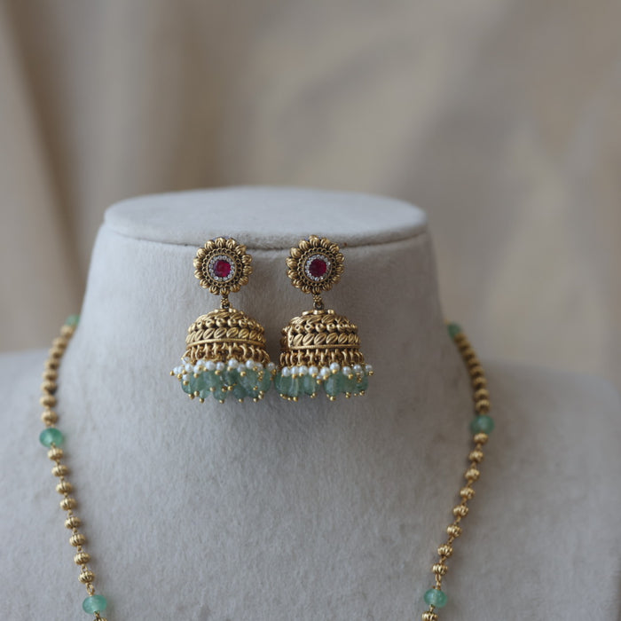 Antique gold and green pearl long necklace with earrings LL02411