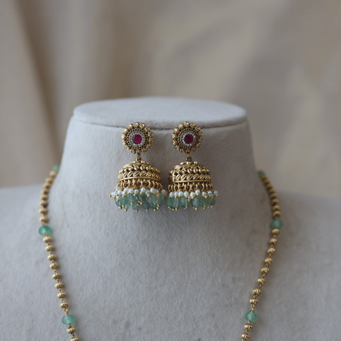 Antique gold and green pearl long necklace with earrings LL02411