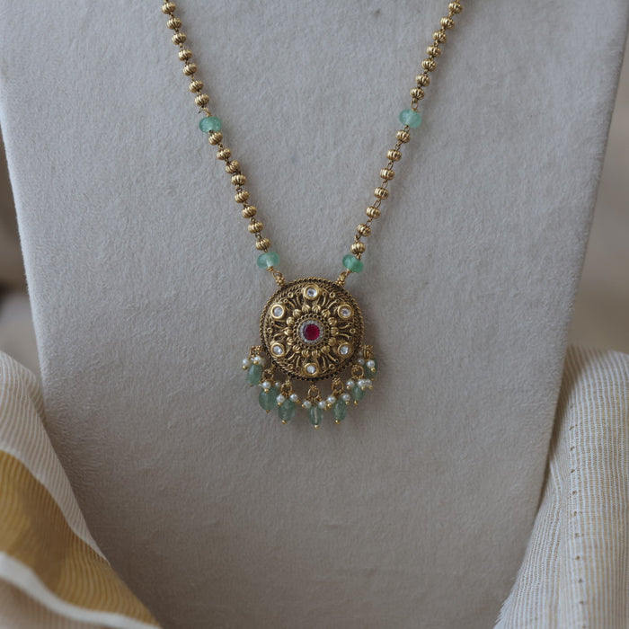 Antique gold and green pearl long necklace with earrings LL02411